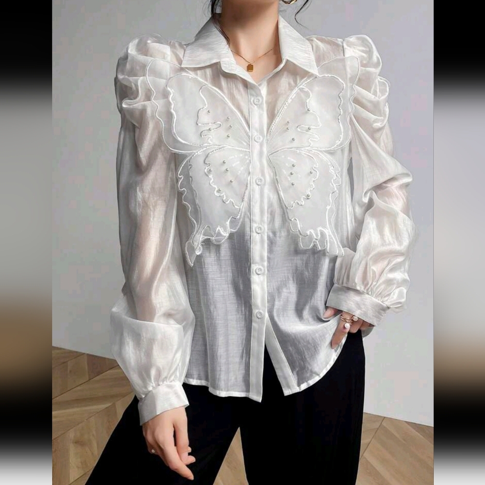 Elegant 3D Butterfly Decorated Puff Sleeve Blouse For Spring And Summer - Picture 3 of 6